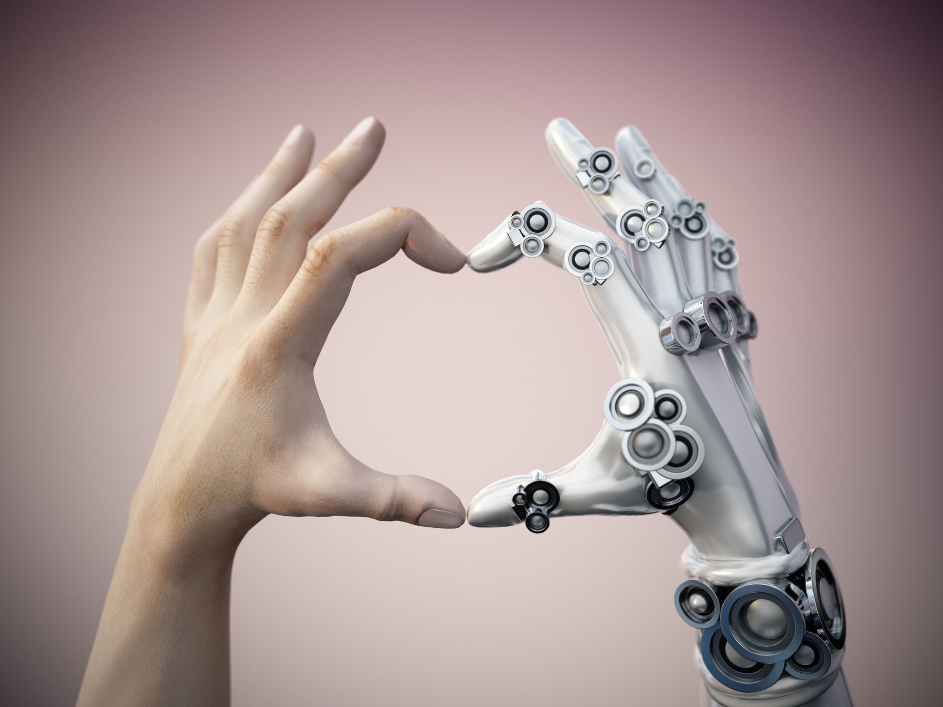 Human and robot hands forming a heart shape together. AI and human collaboration concept